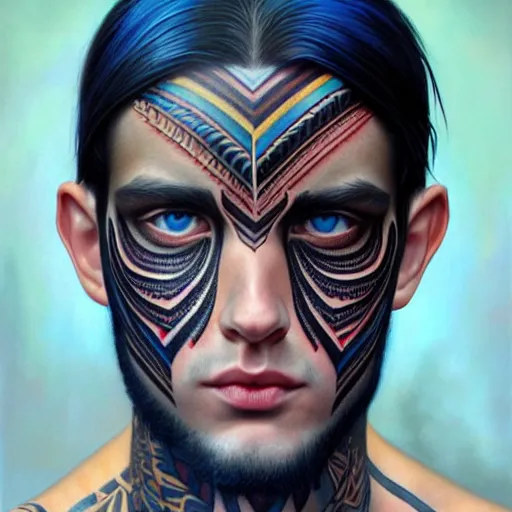 Image similar to ultra realistic portrait painting of a perfect handsome man blue eyes black hair, neck tribal snake tattoo, painted by Tristan Eaton Stanley Artgerm and Tom Bagshaw