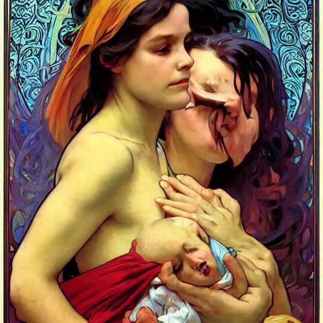 Image similar to an aesthetic portrait of a woman crying mournfully while cradling a swaddled child, by frank frazetta and alphonse mucha, oil on canvas, bright colors, art nouveau, epic composition, dungeons and dragons fantasy art, hd, god - rays, ray - tracing, crisp contour - lines, huhd - 8 k