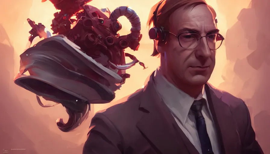 Image similar to portrait of saul goodman alone as a secret agent, league of legends champion splash art, in - frame, photorealistic facial features, right side composition, art by pete mohrbacher and guweiz and ilya kuvshinov, highly detailed, intricate, sharp focus, unreal engine 5, 4 k uhd