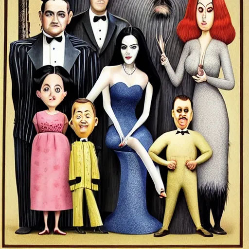 Image similar to family portrait, highly detailed, the addams family all played by Jim Carrey, indoors