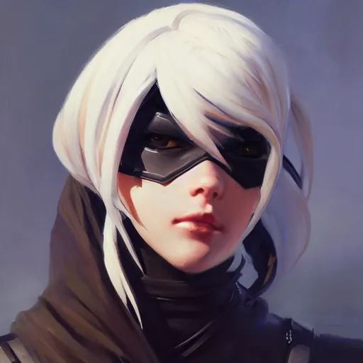 Prompt: greg manchess portrait painting of yorha type a no. 2 as overwatch character, medium shot, asymmetrical, profile picture, organic painting, sunny day, matte painting, bold shapes, hard edges, street art, trending on artstation, by huang guangjian and gil elvgren and sachin teng