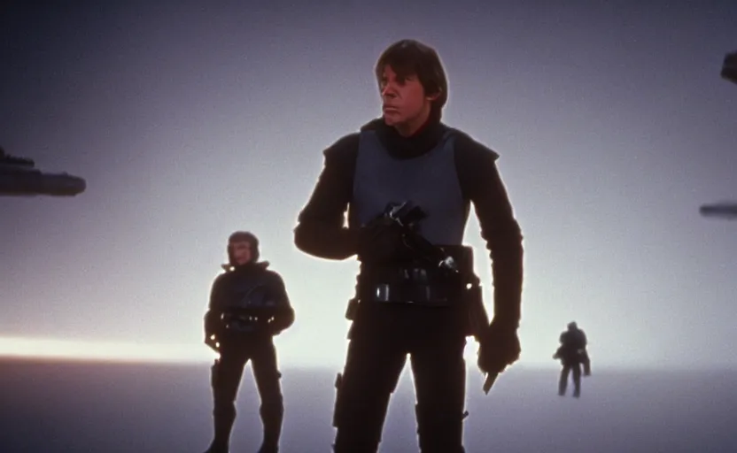 Image similar to screenshot of the epic scene featuring Luke Skywalker in grey body armor, iconic scene from 1980s film by Stanley Kubrick, 4k, cinematic still frame, surreal sci fi architecture, portrait photoreal, detailed face, moody lighting, stunning cinematography, hyper detailed, sharp, anamorphic lenses, kodak color film stock