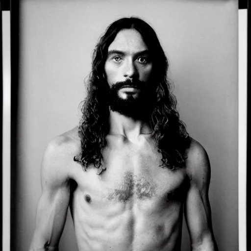 Image similar to Jesus moments after DMT hallucinations began. Close-up studio portrait by Robert Mapplethorpe. Tri-x