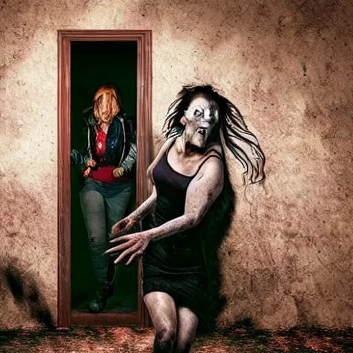 Image similar to dark haunted house with terrified woman pursued by headless zombies