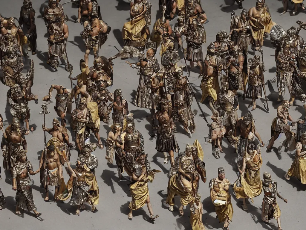 Prompt: Roman legions of Caesar parading in Rome, in the style of Jérôme Bosch, intricate details