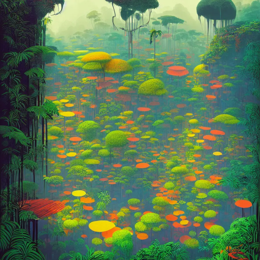 Image similar to surreal glimpse, malaysia jungle, summer morning, very coherent and colorful high contrast pastel art by gediminas pranckevicius james gilleard james gurney floralpunk screen printing woodblock, dark shadows, hard lighting, stippling dots,