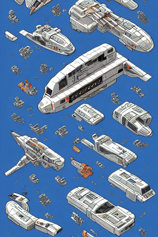 Image similar to space ship isometric design, pixel art, sprite sheet, game resources, futuristic van by josan gonzalez, victor calleja