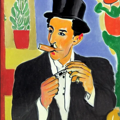 Image similar to sherlock holmes posing for a portrait, garden, smoking cigar, by henri matisse