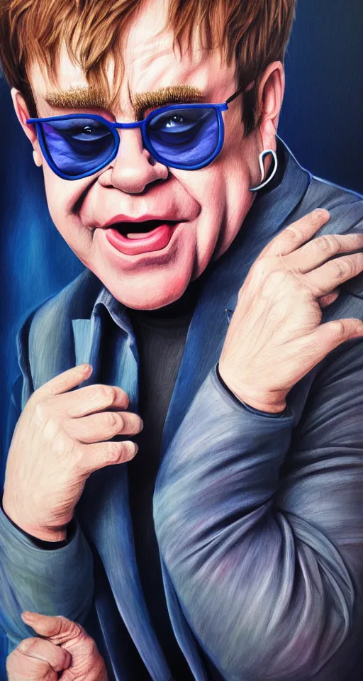 Image similar to a beautiful artwork illustration, detailed, elton john in a fist fight, subsurface scattering, realistic, featured on flickr, wide angle, vertical orientation, very coherent, cinematic, hyper realism, high detail, 8 k