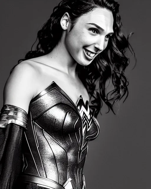 Image similar to gal gadot as she crinkles her nose while laughing, dressed as wonder woman, photorealistic, black and white photography, 2 0 0 mm nikkor m f / 5. 6, 4 x 5 film, bokeh