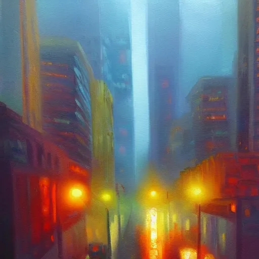 Image similar to dense city canyon fog emerald light oil painting