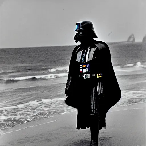 Image similar to a world war 2 award winning photo of darth vader storming the beach