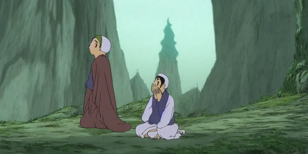 Prompt: a cell - shaded cartoon movie still from princess mononoke ( 1 9 9 7 ) of a middle eastern imam kneeling in prayer. an elegant angel flies above him. very dull muted colors, hd, 4 k, hq