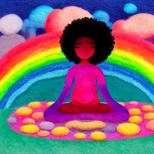 Prompt: a black girl with a colorful afro and big beautiful eyes meditating in a rainbow magic mushroom zen garden, bokeh!!, bright colors, synthwave, watercolor, volumetric wool felting, felt, macro photography, children illustration, by goro fujita