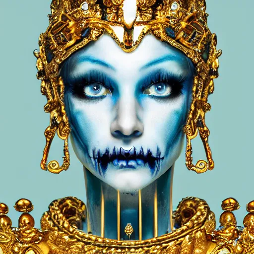 Prompt: a photograph portrait of an ornate golden queen with ice blue eyes, photo-realistic, icy, skeletal, horror