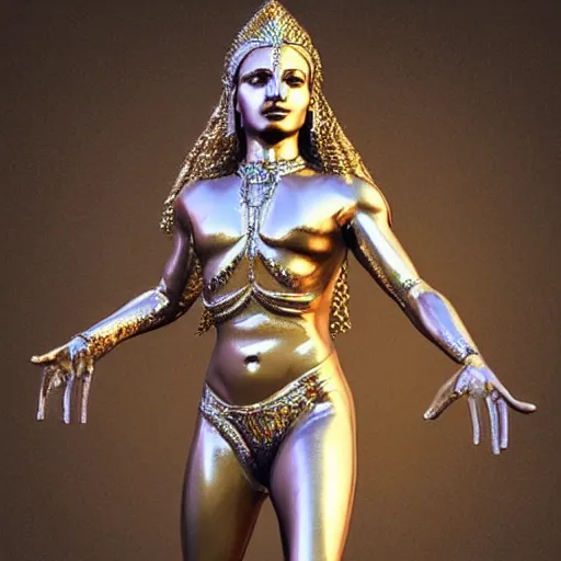 Image similar to a full body madonna virgin statue made of iridiscent metal inspired by the looks of vishnu, very detailed, unreal engine 5, made for an art gallery