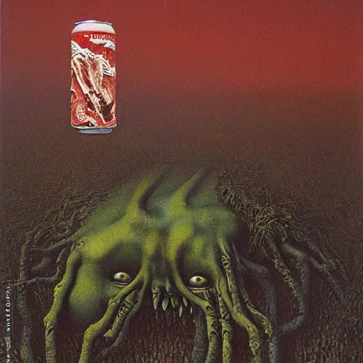 Image similar to can of Monster energy drink by Zdzisław Beksiński, oil on canvas