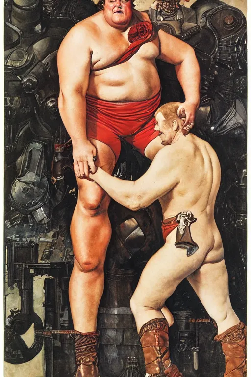 Prompt: full length portrait of huge hulking muscular kenneth mcmillan as baron vladimir harkonnen, simple background, painted by jack kirby, lawrence alma tadema, norman rockwell, greg staples, wayne barlow, neville page