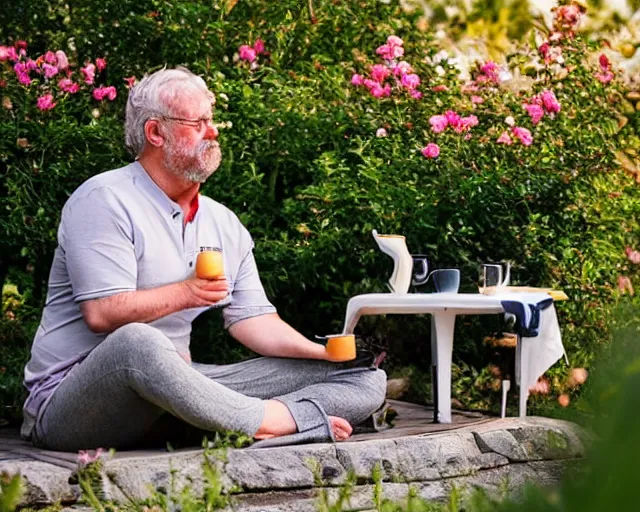 Prompt: mr robert is drinking fresh tea, smoke pot and meditate in a garden from spiral mug, silver hairs, detailed glad face, chest legs, chubby belly, happy toes, golden hour closeup photo, red elegant shirt, eyes wide open, ymmm and that smell