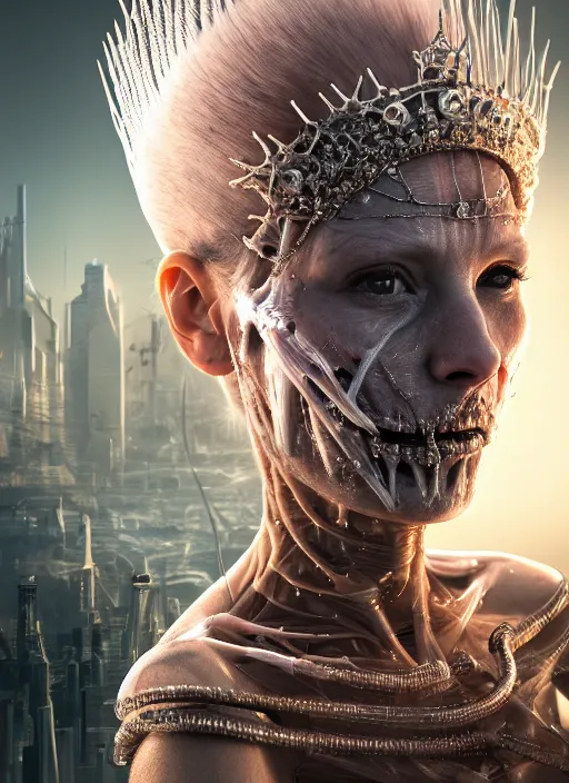 Prompt: 3 / 4 portrait, queen emma, crown, transparent skin, visible muscle and bones and veins and nerves, hyperrealism, detailed textures, photorealistic, 3 d cyberpunk apocalyptic city, futuristic clothing and helmet, ultra realistic, cinematic, intricate, cinematic light, unreal engine 8 k, octane render, unreal engine by david kostic and stanley lau and artgerm