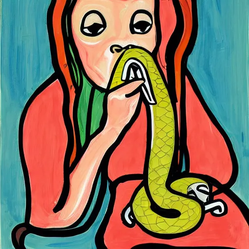 Prompt: A beautiful painting of a snake eating its own tail that seems to go on forever. by Lynda Barry, by Chantal Joffe dreary