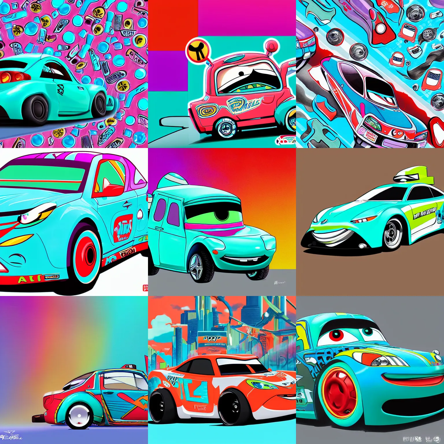 Prompt: a pixar cars vehicle, using the design and color pattern from hatsume miku, digital art, detailed