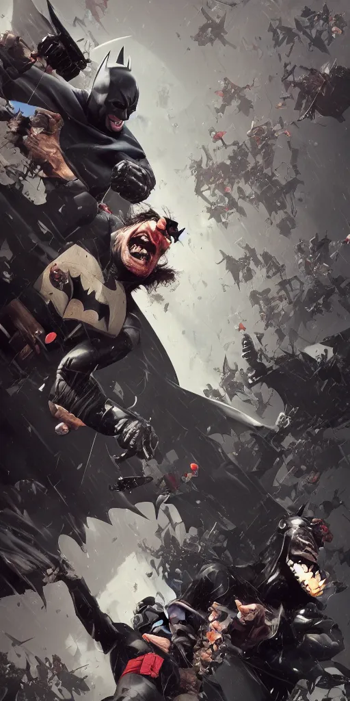 Image similar to Every batman ever laughing at you, Darek Zabrocki, Karlkka, Jayison Devadas, Phuoc Quan, trending on Artstation, 8K, ultra wide angle, pincushion lens effect