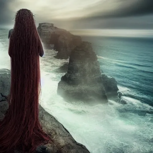 Image similar to A beautiful computer art of a human-like creature with long, stringy hair. The figure has no eyes, only a mouth with long, sharp teeth. The creature is standing on a cliff overlooking a dark, foreboding sea. by Bella Kotak ornamented