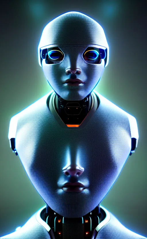 Image similar to friendly humanoid cyber robot, award winning, portrait bust, symmetry, faded colors, cypherpunk background, alan blackwell, masterpiece, trending on artstation, cinematic composition, beautiful lighting, hyper detailed!!!, 8 k, unreal engine 5
