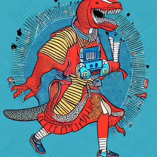 Image similar to memphis design, retro, 90s, detailed illustration, dinosaur samurai with a boombox