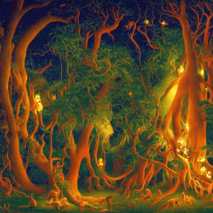 Prompt: closeup of a night carnival inside a tree cavity in a magical forest in the middle of a summer storm, with a music scenario with many fireworks and christmas lights, volumetric lightning, instense god rays in the sky, folklore people disguised with fantastic creatures in a magical forest by summer night, masterpiece painted by alphonse osbert, very coherent and colorful high contrast masterpiece,