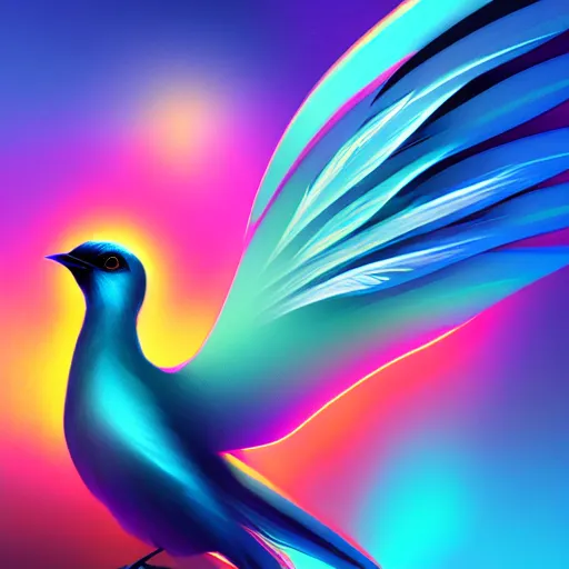 Image similar to flawless painting of futuristic bird with digital wings, colorful feather, lofty flight, epic, ultimate, cinematic, sharp focus, centered, sensual lighting, 8 k hd, artstation, unreal engine 5