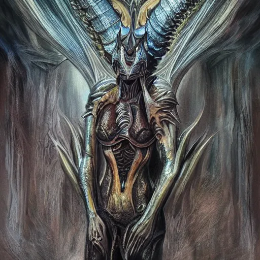 Image similar to Giger portrait of queen dragon, Dragon in dragon lair, HD, full body dragon concept, flying dragon, soft shading, soft colors, relaxed colors, hyperdetailed, wide angle lens, fantasy, futuristic horror, style of giger