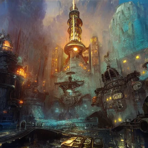 Image similar to underwater city, bioshock, highly detailed painting by gaston bussiere, craig mullins, j. c. leyendecker 8 k