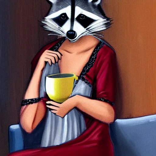 Image similar to a photorealistic racoon wearing an elegant night gown holding a cup of wine