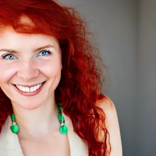 Image similar to a smiling woman with red hair, green eyes, dimples, and rosy cheeks