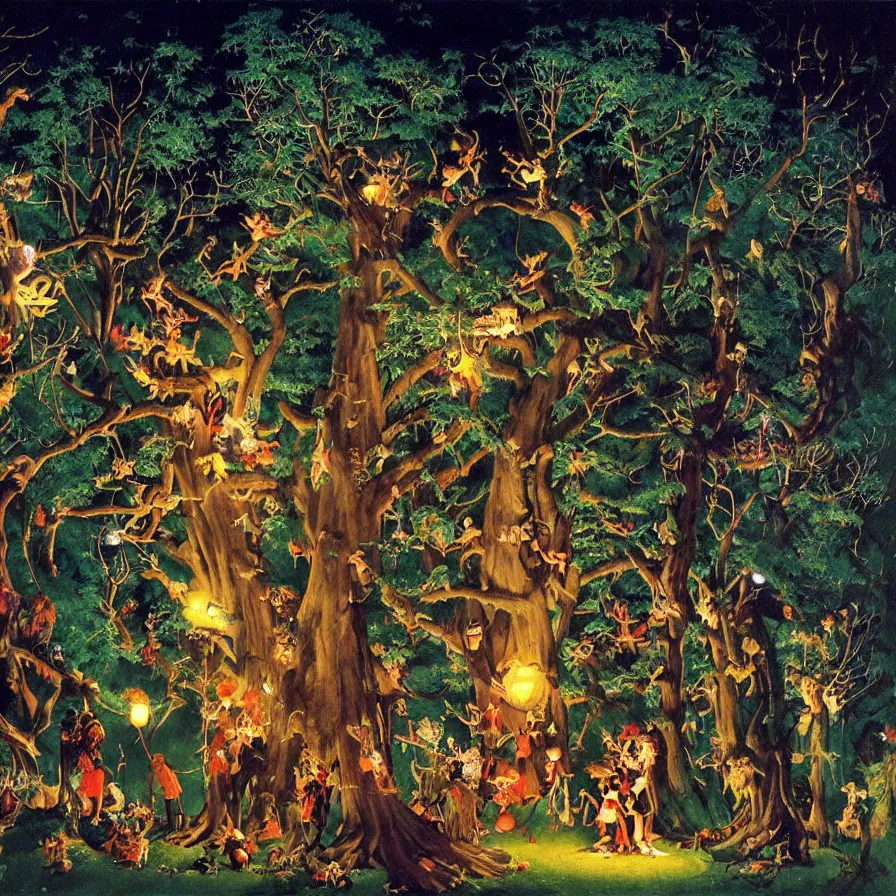 Image similar to a night carnival around a magical tree cavity, with a surreal orange moonlight and fireworks in the background, next to a lake with iridiscent water, christmas lights, folklore animals and people disguised as fantastic creatures in a magical forest by summer night, masterpiece painted by norman rockwell, frank frazetta, and syd mead, dark night environment