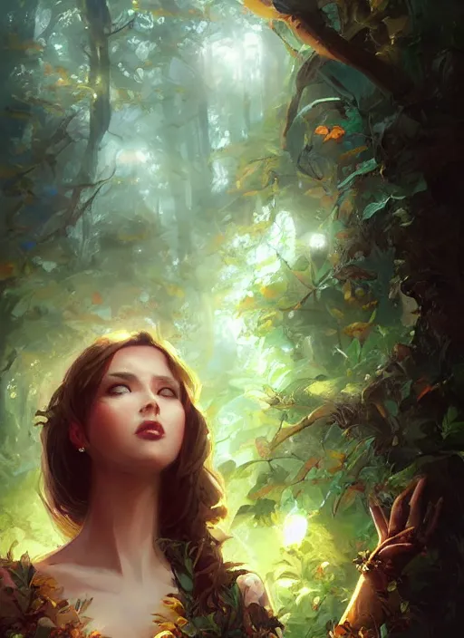 Image similar to female seductive queen of nature girl, beautiful face, rule of thirds, intricate outfit, backlit, foreground art by artgerm, background art by greg rutkowsk and jeremy mann, digital painting