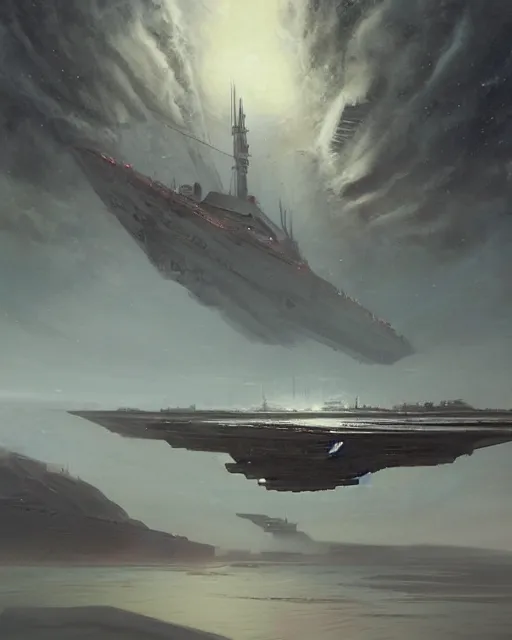 Image similar to a highly detailed epic cinematic concept art CG render digital painting artwork: Star destroyer fleet. By Greg Rutkowski, in the style of Francis Bacon and Syd Mead and Norman Rockwell and Beksinski, open ceiling, highly detailed, painted by Francis Bacon and Edward Hopper, painted by James Gilleard, surrealism, airbrush, Ilya Kuvshinov, WLOP, Stanley Artgerm, very coherent, triadic color scheme, art by Takato Yamamoto and James Jean