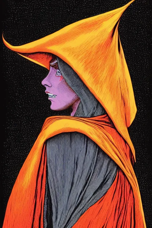 Prompt: a vibrant! ultraclear sideview waist up portrait of elf, mysterious elf! wearing black cape hoodie by rene magritte and laurie greasley, etching by gustave dore, colorful flat surreal, ethereal, intricate, sharp focus, illustration, highly detailed, digital painting, concept art, masterpiece
