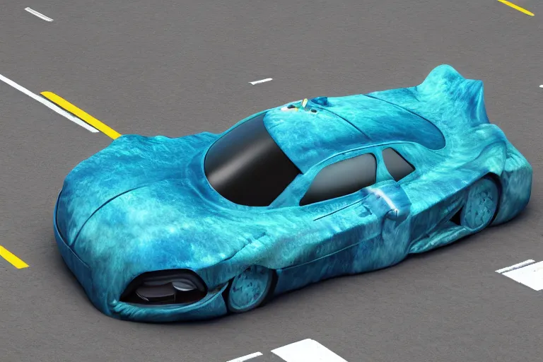 Prompt: car made of fish, half car half fish, car with fins and gills, underwater fishy car, coral, luxury fish sports car, hd render 4 k, shiny materials, big bulging fish eyes, road