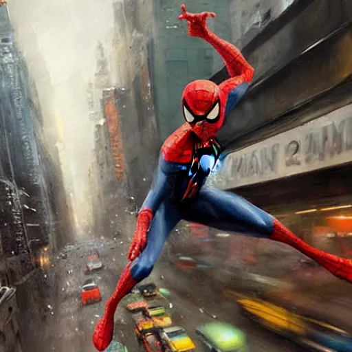Prompt: spiderman swings through new york city fighting green goblin jeremy mann painting