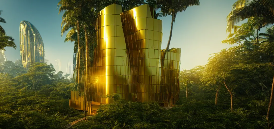 Prompt: futuristic shinny golden building in an jungle landscape of a biopunk city by taras shevchenko, movie poster, golden ratio, evening lighting, film still, realistic, octane render redshift arnold materials unreal engine, 8 k post production, hyper detailed