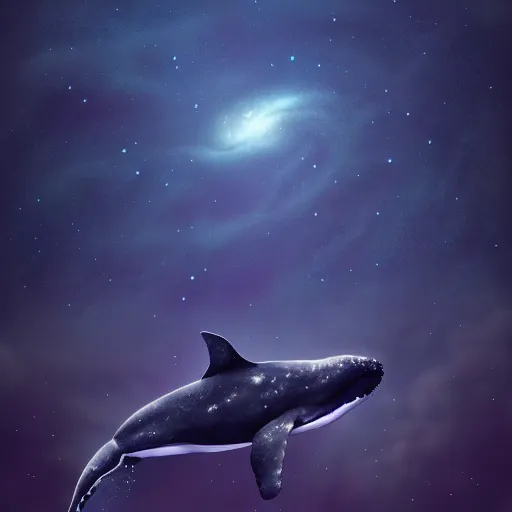 Image similar to portrait of whale swimming on a night sky, swimming across the universe, nebulae, oniric, dreamy, beautiful, highly detailed, cinematic, trending on artstation