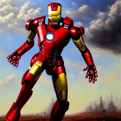 Prompt: photorealistic oil painting of a scrap built iron man suit flying in a post apocalyptic world