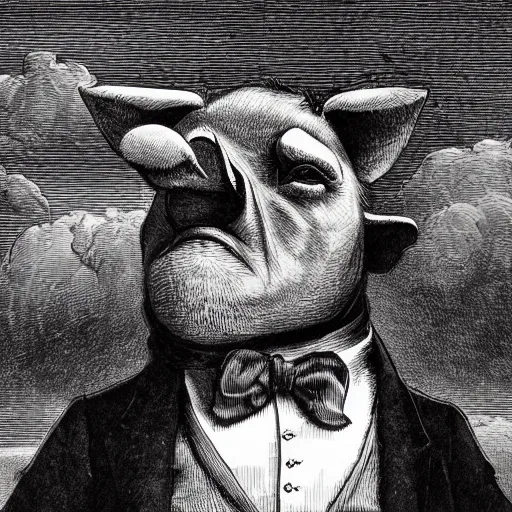 Prompt: closeup portrait of an evil pig in a tuxedo, dramatic lighting, farm background, moon, chiaroscuro, high detail, illustration by gustave dore