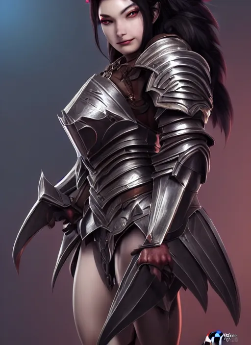 Image similar to full plate armor!!! beautiful and elegant dark hair female orc!! gorgeous ayes!! character concept art, sharp focus, octane render! unreal engine 5! highly rendered!! trending on artstation!! detailed linework!! illustration by artgerm, wlop, and chie yoshii