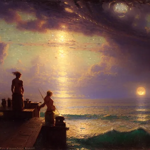 Image similar to point of view of botom of the ocean looking up, see fishes, the milk way, night time, midnight, no sunlight. highly detailed painting by gaston bussiere, greg rutkowski 8 k