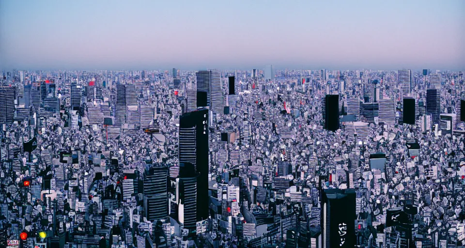 Image similar to photograph of the tokyo skyline, shot on cinestill 5 0 d with a 3 5 mm lens aperture f / 8, dynamic composition, high camera angle, wide angle, full frame, full res, pinpoint sharp focus, hyper realistic