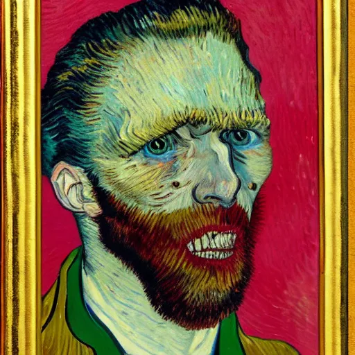 Image similar to painting of a man with insects in his eyes, bloody face, ugly teeth in van gogh style